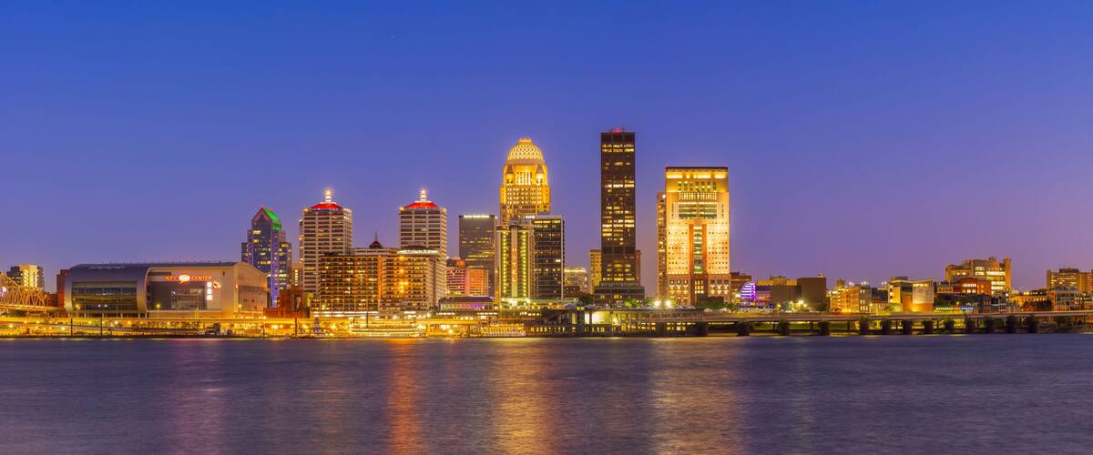 64212-00202 Panoramic of Louisville Kentucky skyline at dusk, Louisville, KY