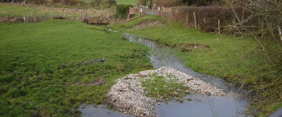 A rural landscape with a small stream, grassy fields, and a fence.