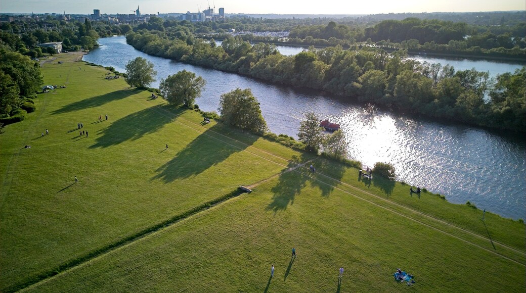 Un río con un parque y árboles a un lado, y un horizonte urbano a lo lejos.