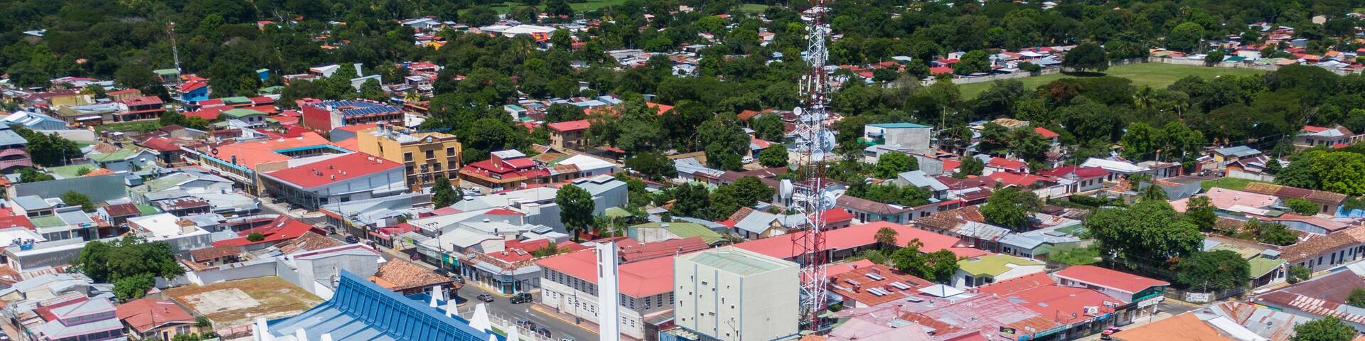 Beautiful aerial view of Liberias church and park in Costa Rica