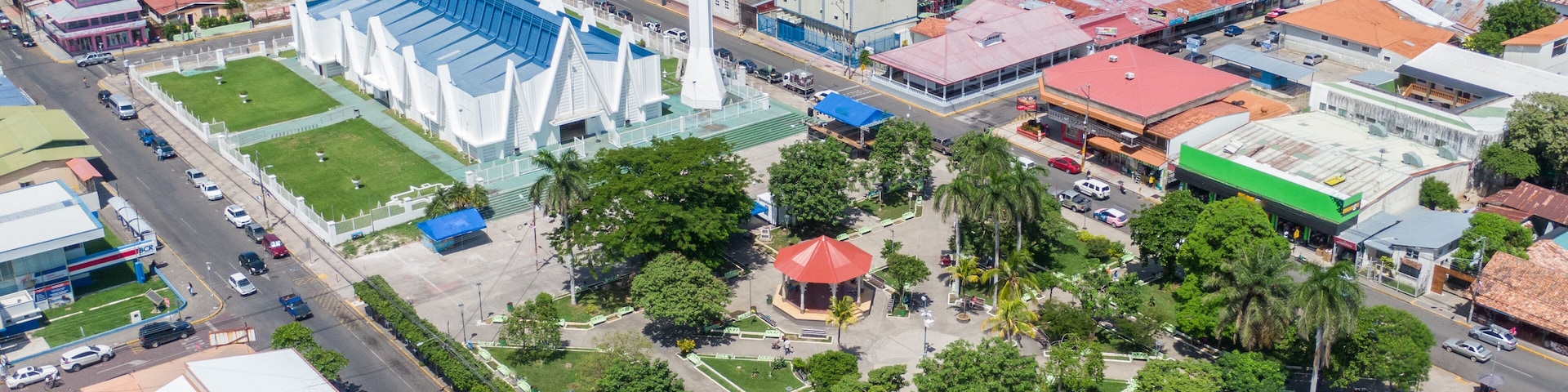 Beautiful aerial view of Liberias church and park in Costa Rica