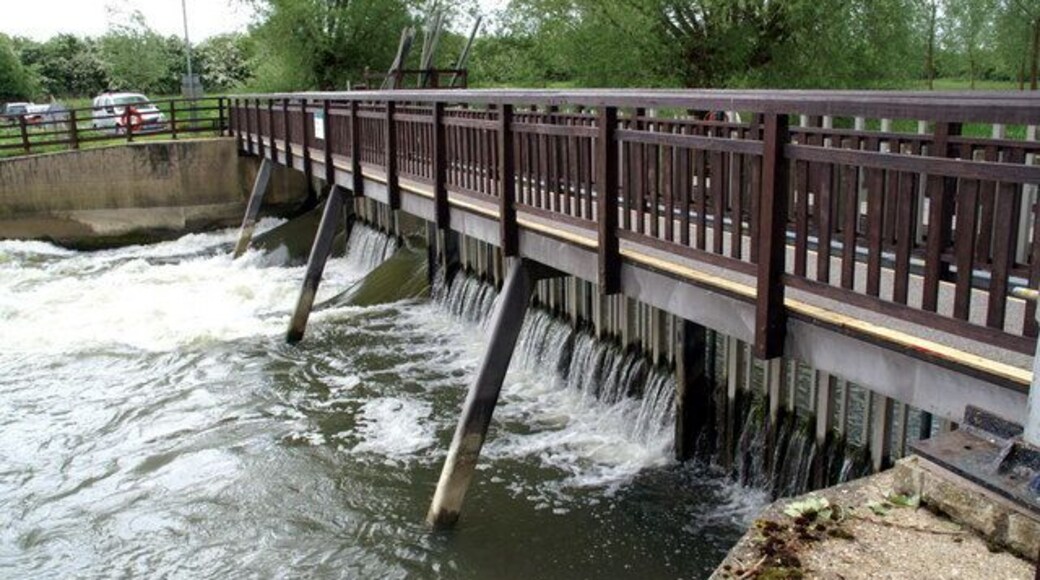 Weir and footbridge by Northmoor Lock on the River Thames in Oxfordshire