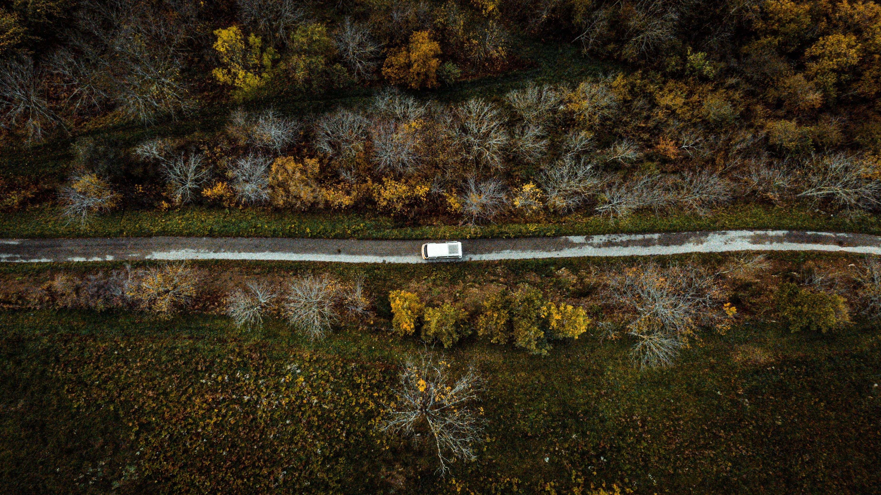 Luchtbeeld van een weg met een wit voertuig, omringd door bomen met herfstkleuren en een grasveld.