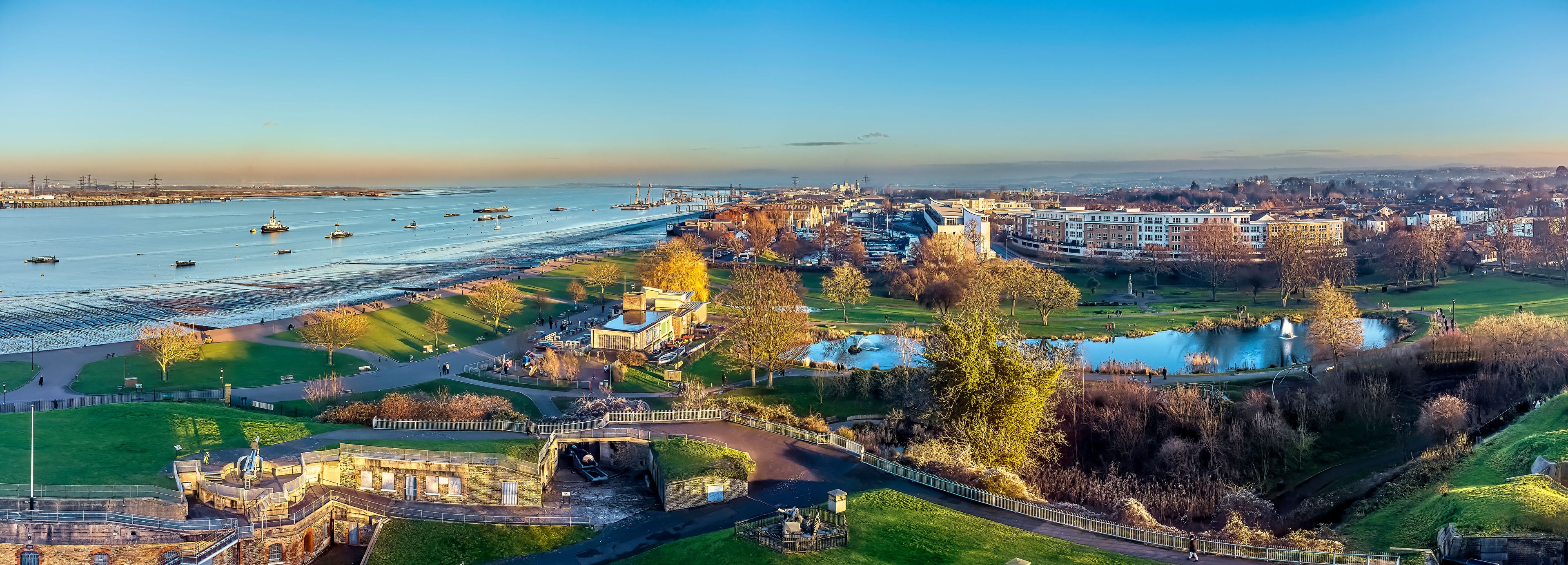 Drone shot of Gravesend Riverside Leisure Area, Gravesend, Kent