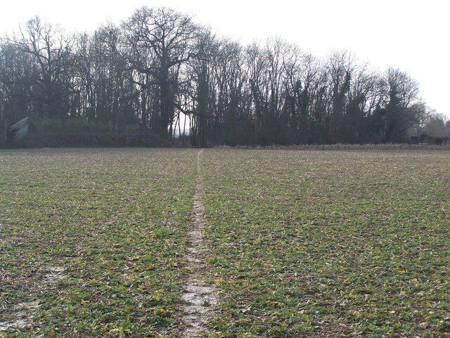 Footpath to Madam Wood Path from Downs Road,near Northfleet Green Farm leads through field and woodland to New Barn Road.