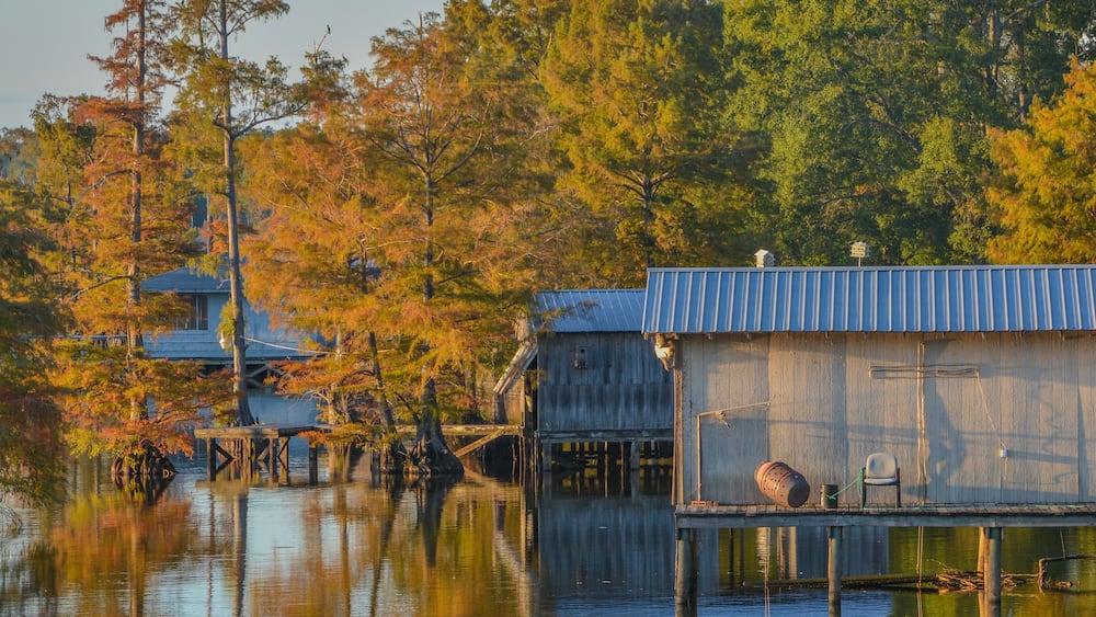Une maison flottante en bois, amarrée sur une rivière paisible, entourée d’arbres aux couleurs automnales.
