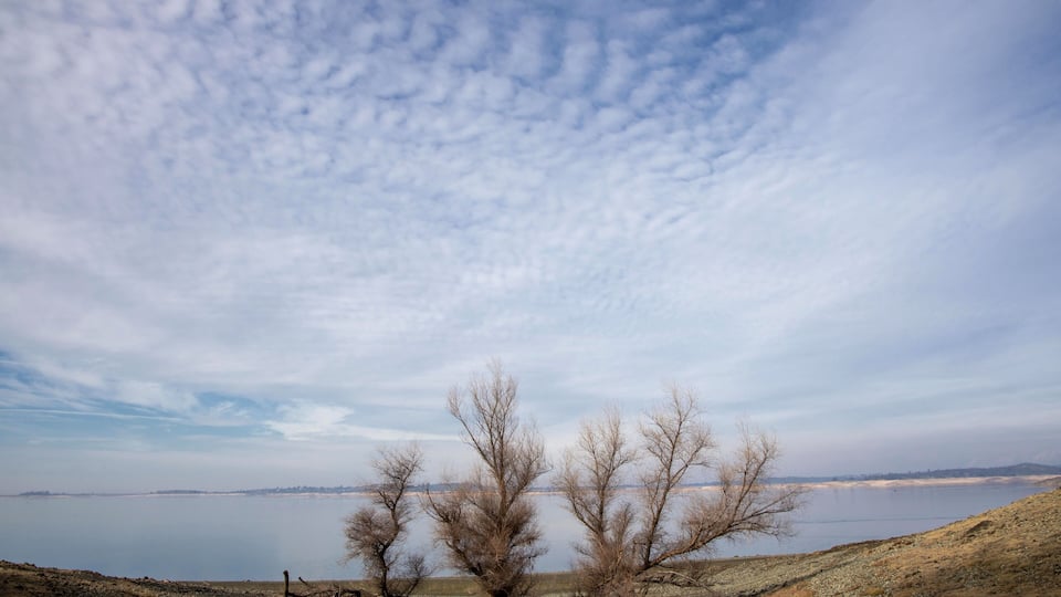 A lake with leafless trees in the foreground and a cloudy sky above.