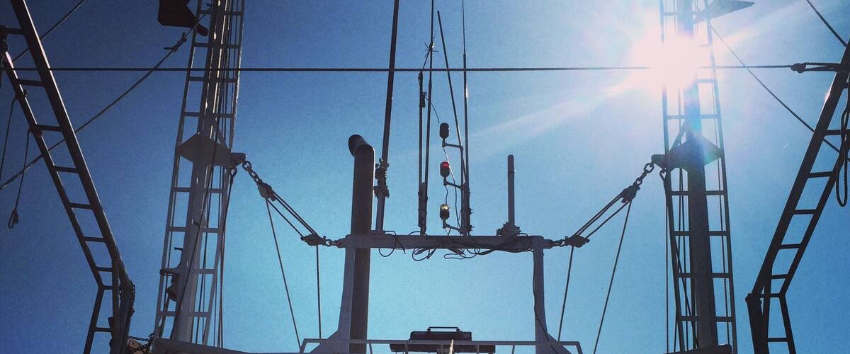 A complex network of metal structures and cables against a clear blue sky.
