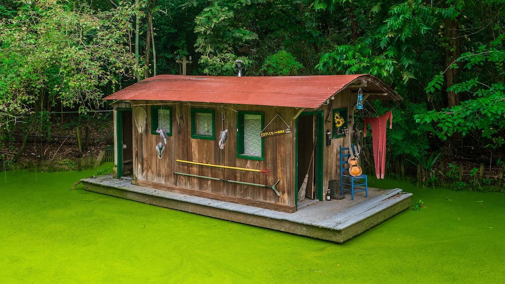 A rustic wooden cabin with a red roof, surrounded by lush greenery.