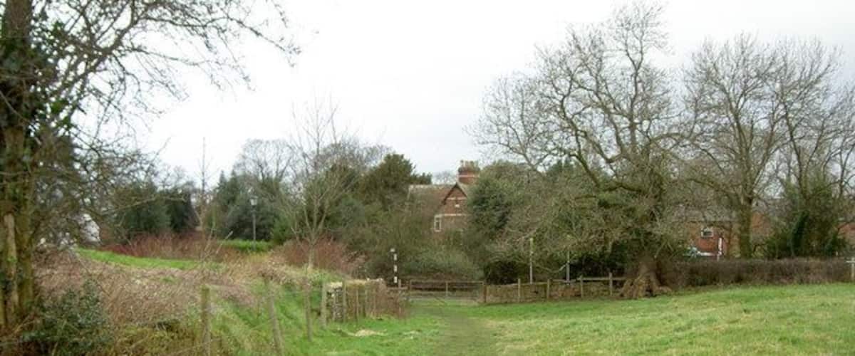 A grassy field with a dirt path, trees, and a fence.