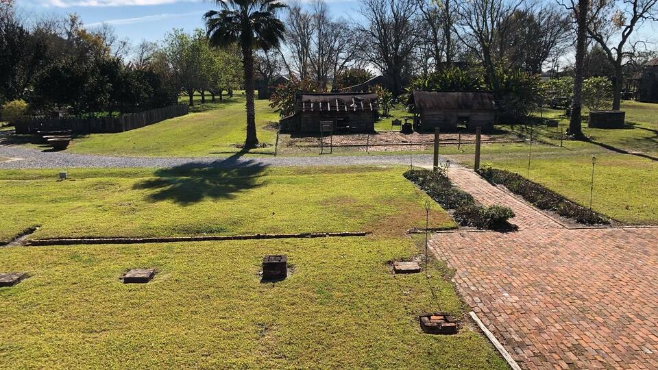 A well-maintained grassy area with a brick pathway, palm trees, and a rustic building.