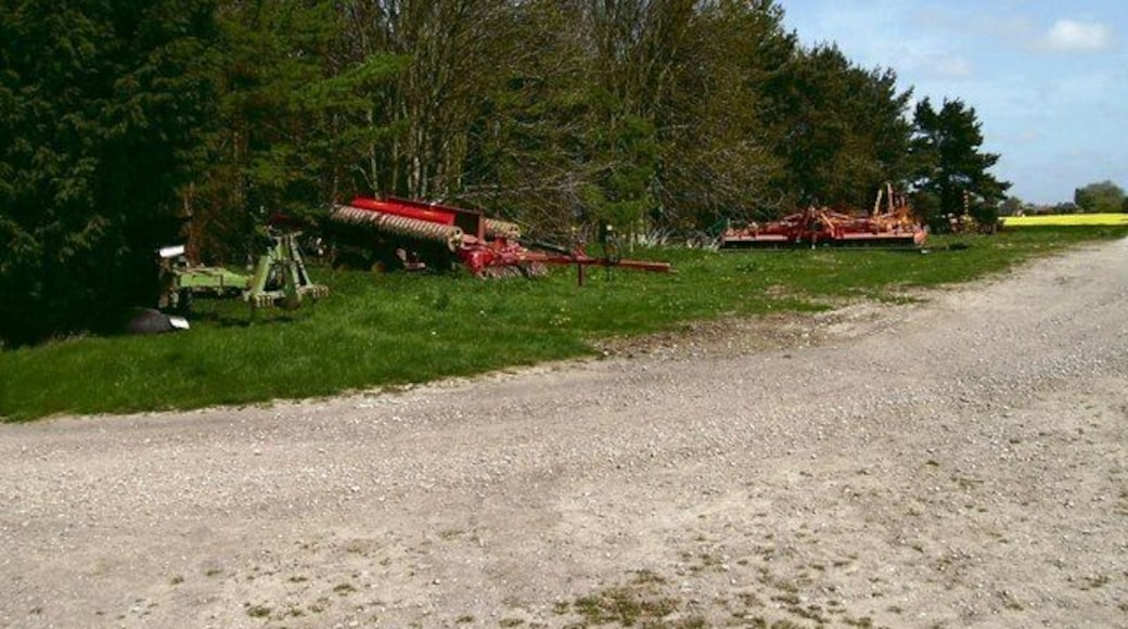 Farm machinery Open air storage for the machinery used to tend fields and sow crops. The wood that can be seen has no name that I know of.