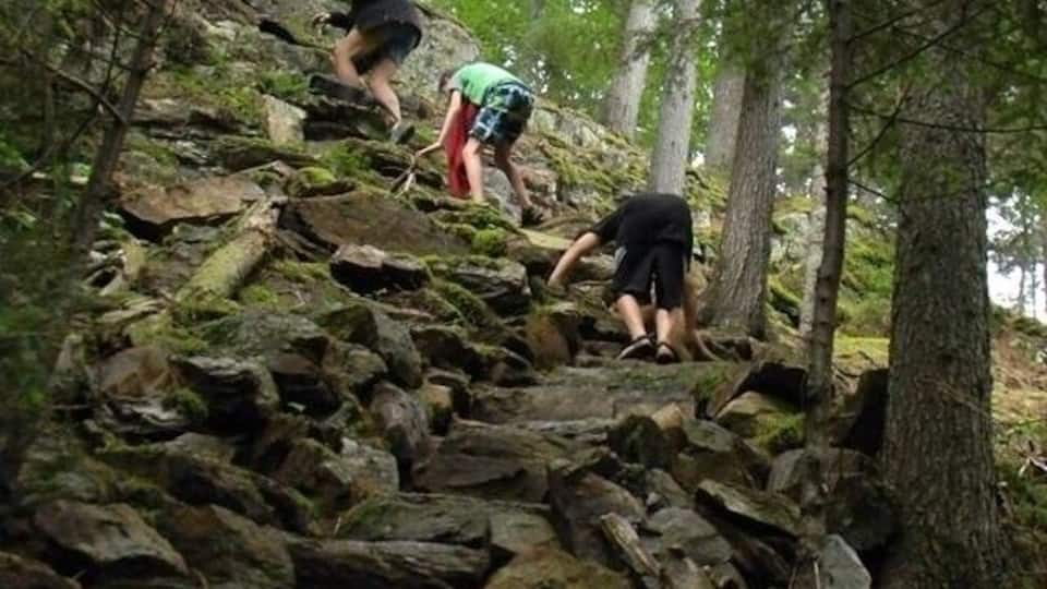 A rocky mountain path with hikers climbing.