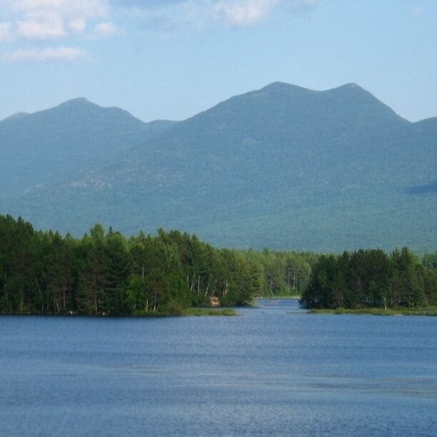A calm lake surrounded by dense forests and distant mountains.