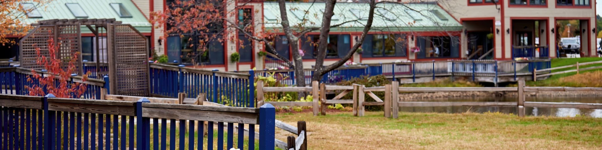 A wooden deck with a potted plant, a blue fence, and a building with a green roof in the background.
