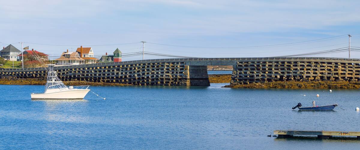 The unique, granite Cribstone Bridge, Bailey Island Bridge, connecting Orr's and Bailey Islands in Harpswell, Maine