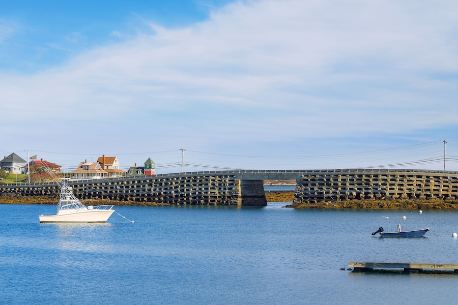 The unique, granite Cribstone Bridge, Bailey Island Bridge, connecting Orr's and Bailey Islands in Harpswell, Maine