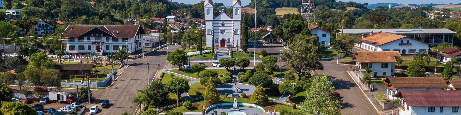 Treze Tílias - SC. Aerial view of church and central square of Treze Tílias - Santa Catarina -Brazil