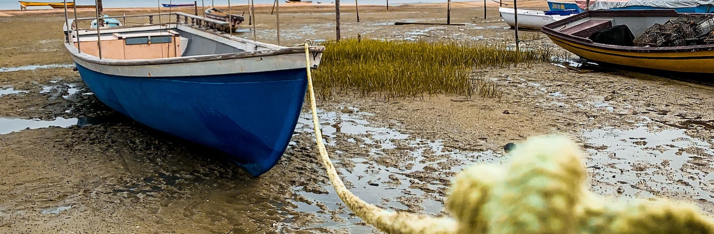 Un bote azul amarrado con una cuerda en una playa embarrada, con otros botes al fondo.