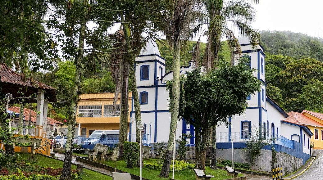 Historical church and park with palms in small town Passa Vinte, Minas Gerais, Brazil