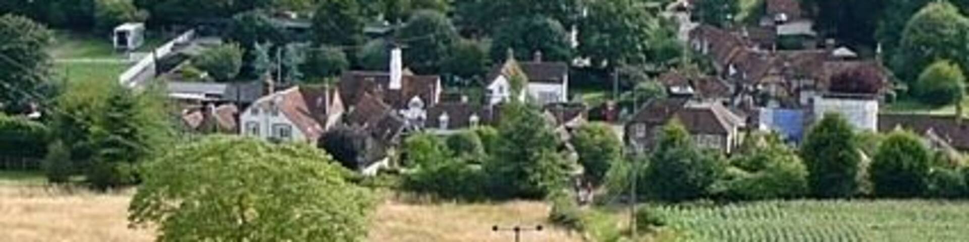 Turville from Turville Hill Looking down on the village from adjacent to Cobstone windmill.