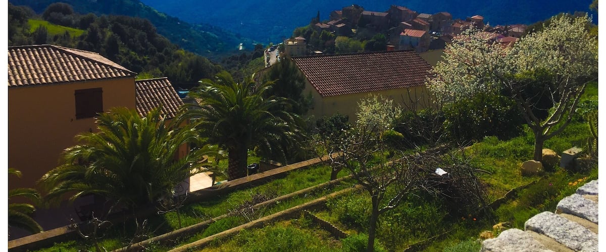 A village nestled in a valley with terraced fields, a church, and mountains in the background.