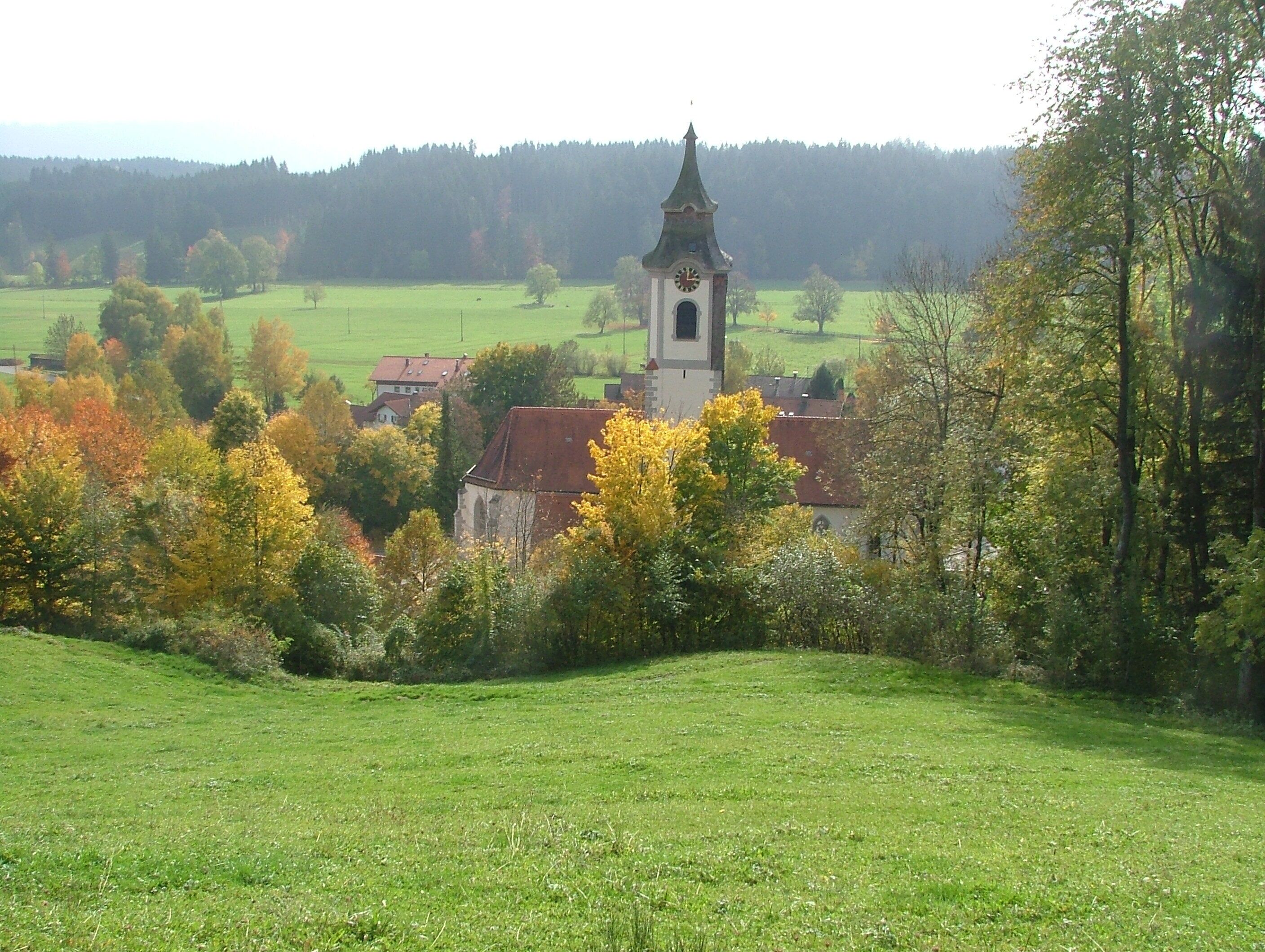 A church with a clock tower surrounded by autumn-colored trees and a green field.