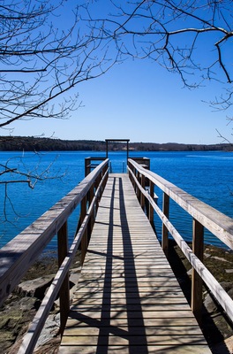 Wooden dock on Damariscotta River, Maine. Clear blue sky, lightly rippled blue water, framed by bare tree branches at the top. Calm winter day. Walpole, Maine.