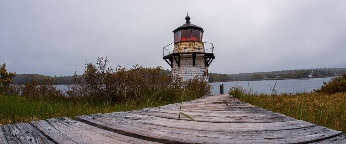 A lighthouse on a wooden pier extending into a body of water, surrounded by vegetation.