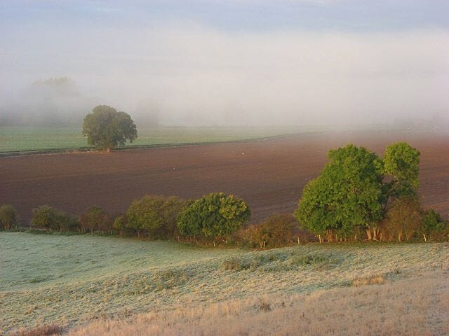Farmland between Hambleden and Medmenham A frosty morning followed a clear night. A bank of fog was localised to vicinity of the Thames.