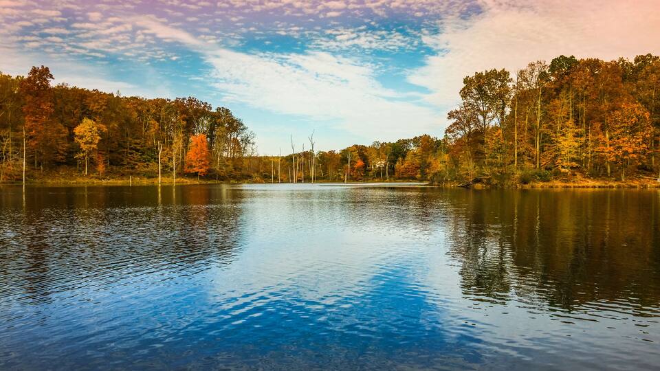 A calm lake surrounded by autumn-colored trees.