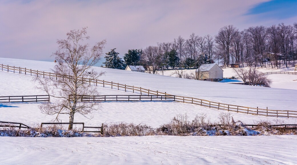 Snow covered farm fields in rural Carroll County, Maryland.