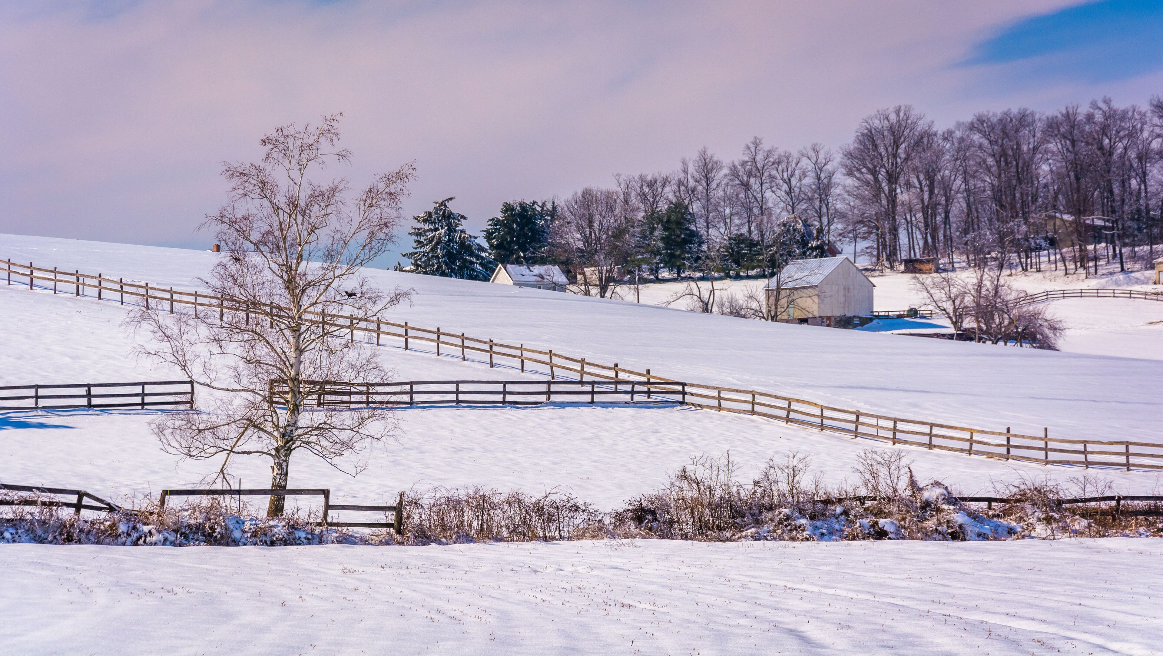 A snow-covered landscape with a wooden fence, a tree, and a barn in the background.