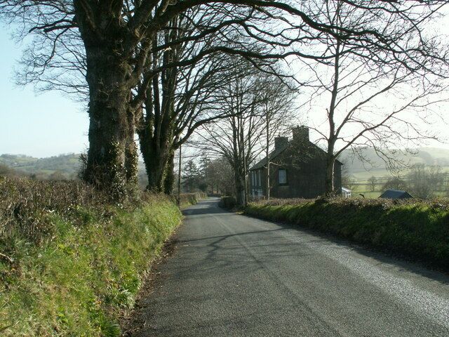The B4342 road from Tal-sarn The building on the right is Parc House.