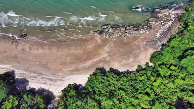 Downward drone shot of Etty beach ocean and rainforest