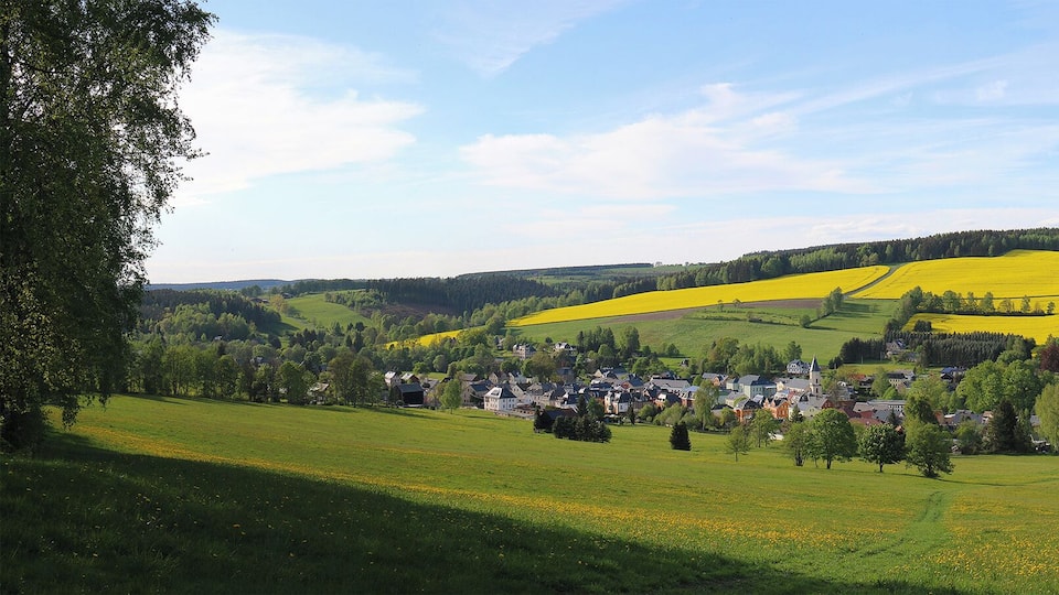 A rural landscape with a village nestled among rolling hills, a prominent yellow field, and a forested mountain in the background.