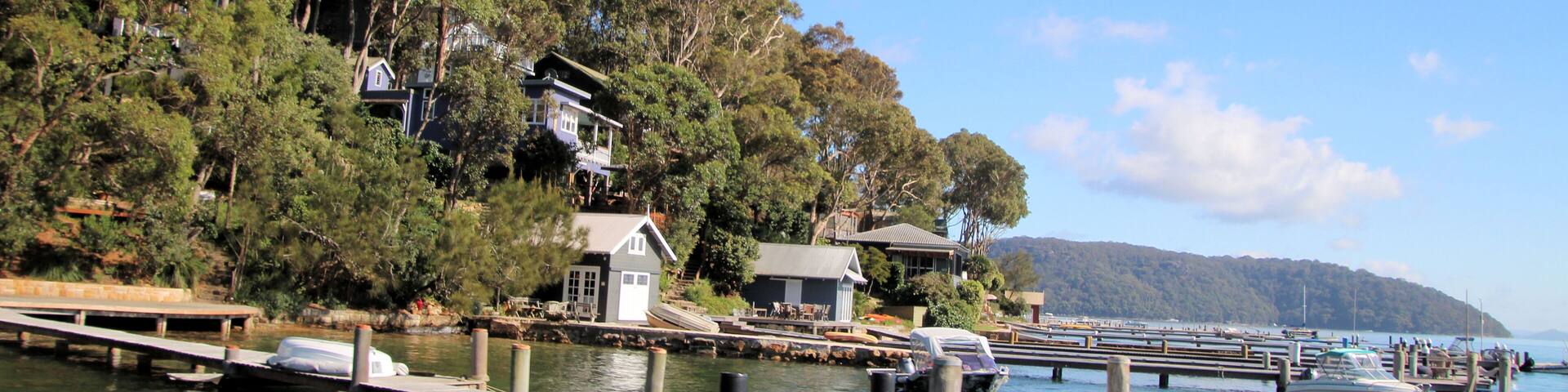 Scotland Island on the Pittwater, with docks, jetties and boat houses, New South Wales, Australia
