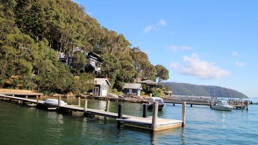 Scotland Island on the Pittwater, with docks, jetties and boat houses, New South Wales, Australia