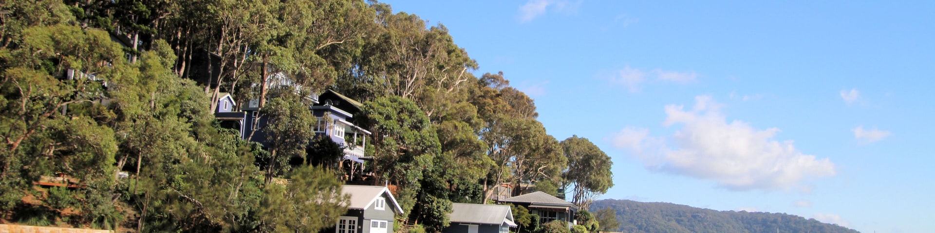 Scotland Island on the Pittwater, with docks, jetties and boat houses, New South Wales, Australia