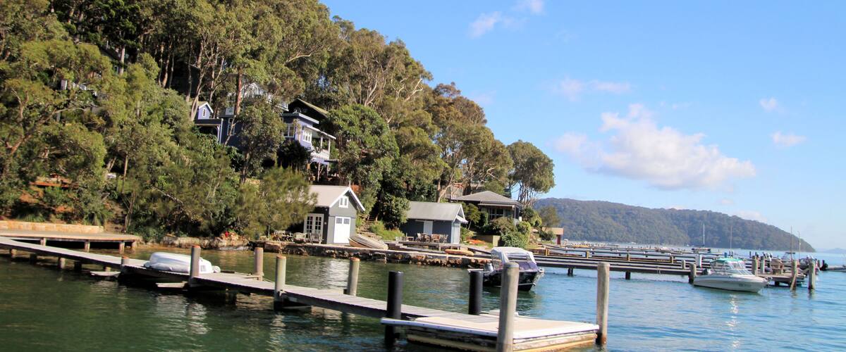 Scotland Island on the Pittwater, with docks, jetties and boat houses, New South Wales, Australia