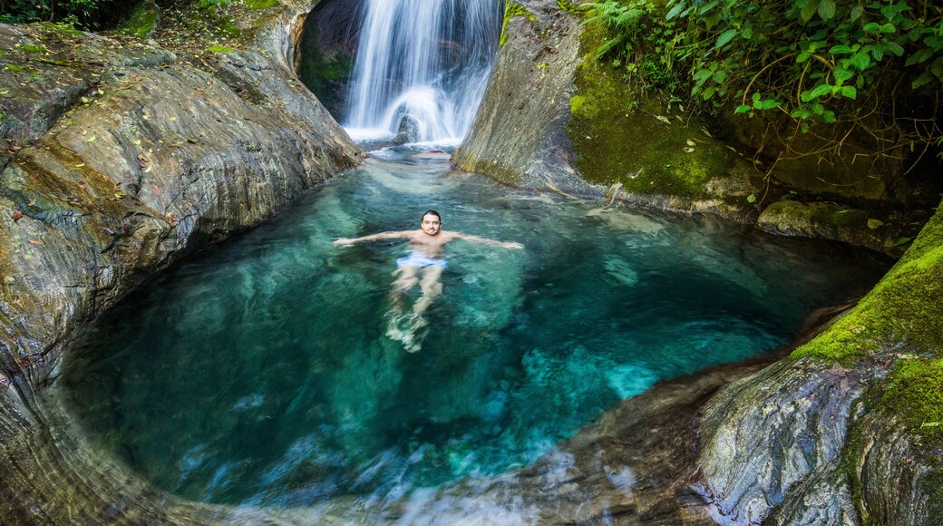 Scenery with man swimming in Atlantic Rainforest river, Serrinha do Alambari, Rio de Janeiro State, Brazil