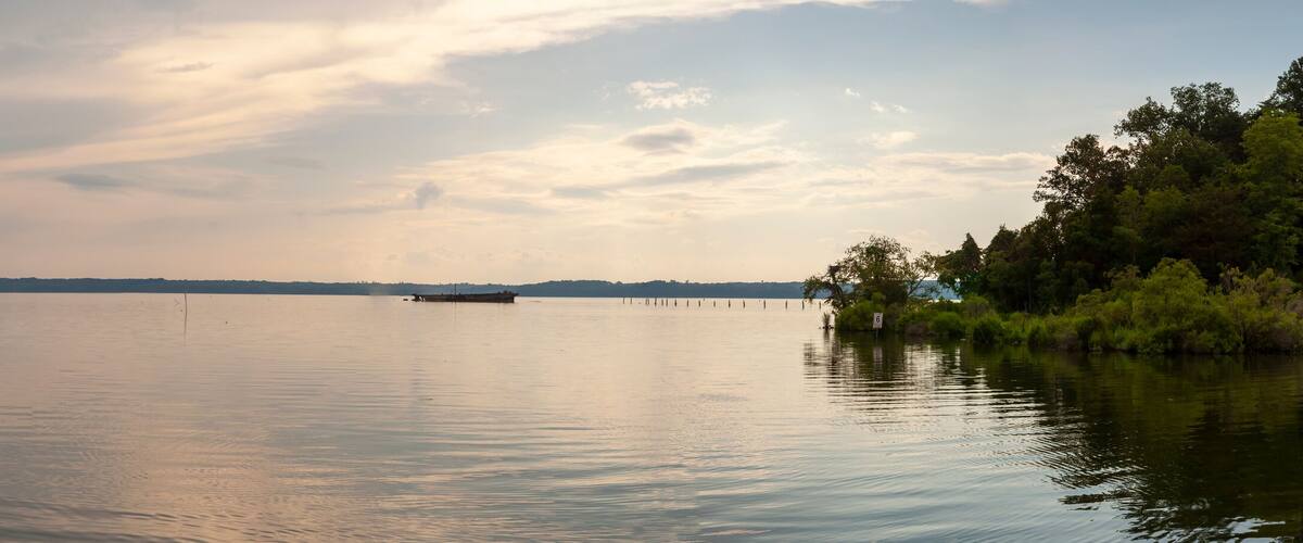 A calm lake with a boat in the distance, surrounded by dense forest.