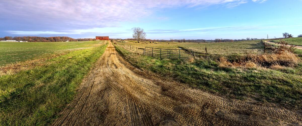 A rural landscape with a dirt road leading to a red barn, surrounded by fields and a clear sky.