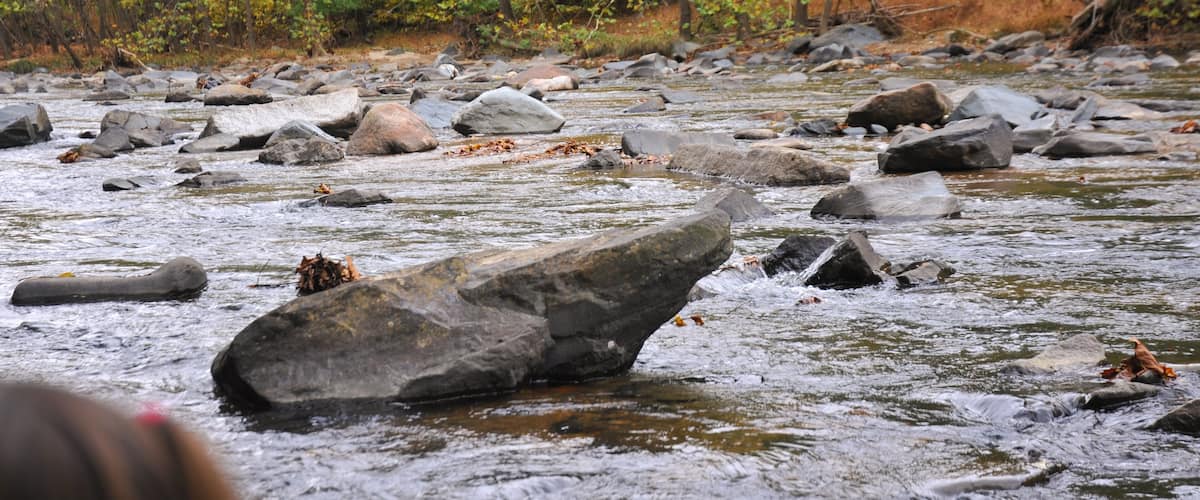 A river with large rocks and autumn-colored trees in the background.