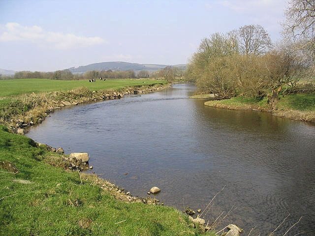 A river winding through a green landscape with trees and hills in the background.
