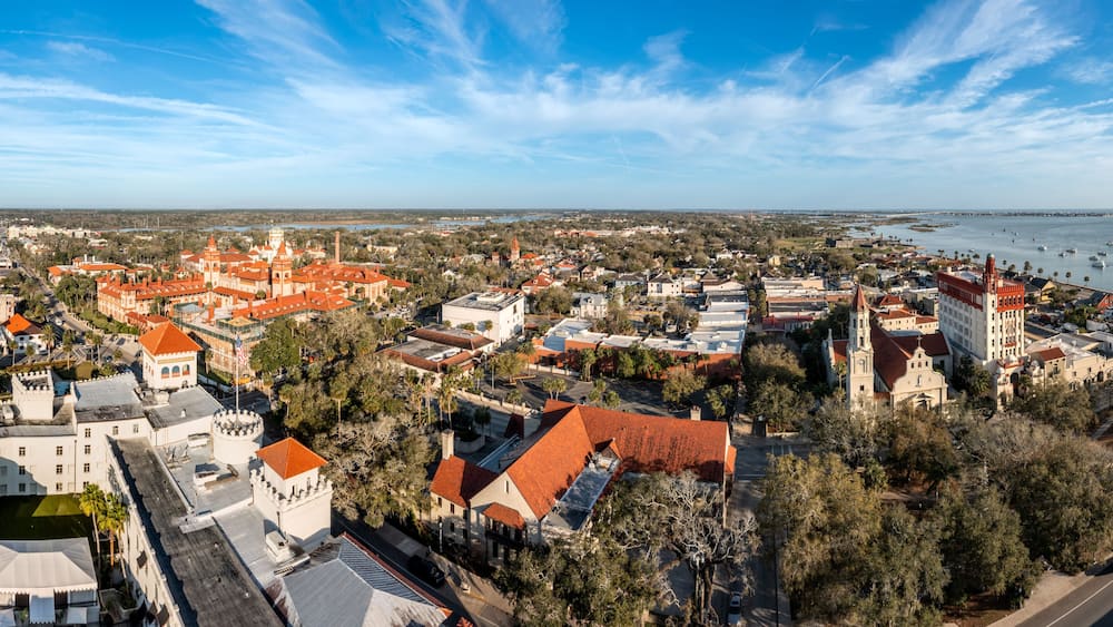 Aerial panorama of St. Augustine, Florida. Founded in 1565 by Spanish explorers, it is the oldest continuously inhabited European-established settlement in what is now the contiguous United States.