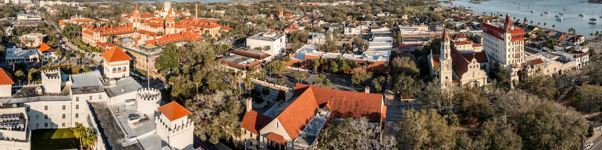 Aerial panorama of St. Augustine, Florida. Founded in 1565 by Spanish explorers, it is the oldest continuously inhabited European-established settlement in what is now the contiguous United States.