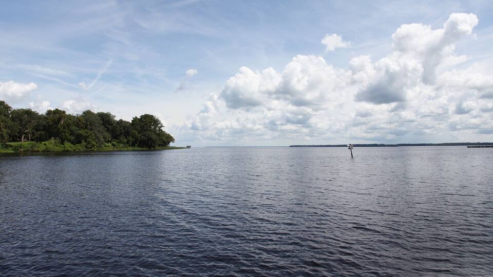 A calm lake with a person standing in the distance, surrounded by trees and a partly cloudy sky.