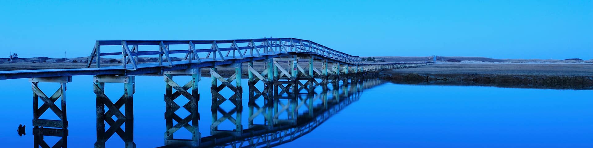 Bridge reflecting in water, blue image