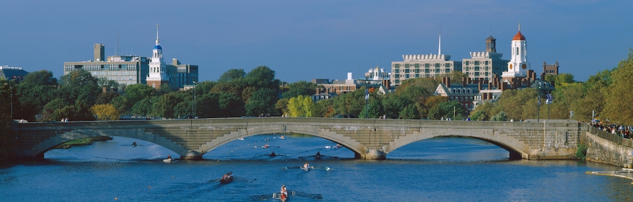 A stone bridge over a river with rowing activity, surrounded by trees and buildings with distinctive architecture.